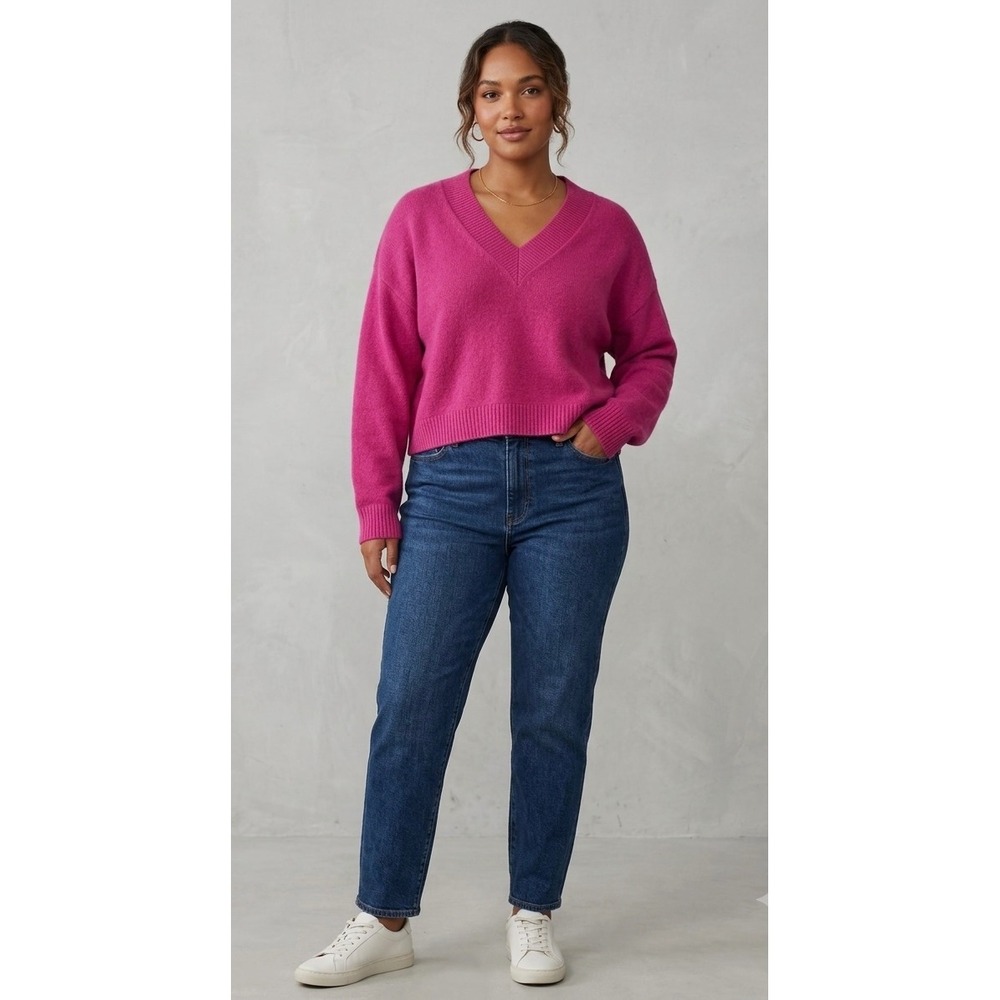 Open Edit Nordstrom V-Neck Ribbed Crop Sweater Small Pink Cotton Blend